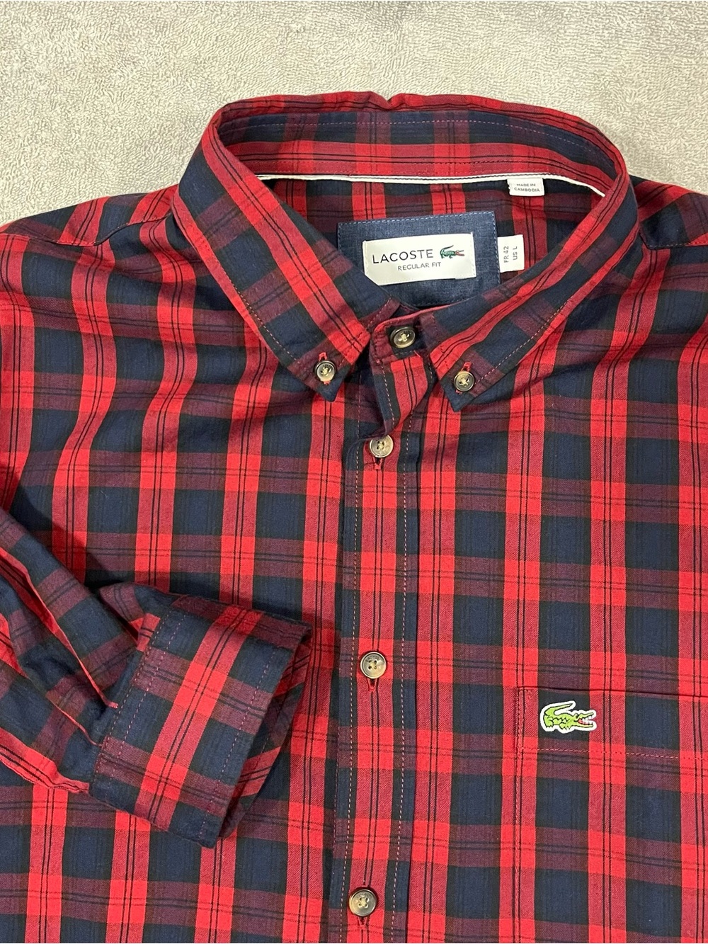 Lacoste Button Down Shirt Men Large Navy Blue Red Plaid Regular Fit Preppy